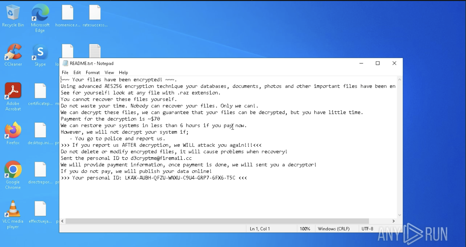 Razr ransom note in ANY.RUN sandbox